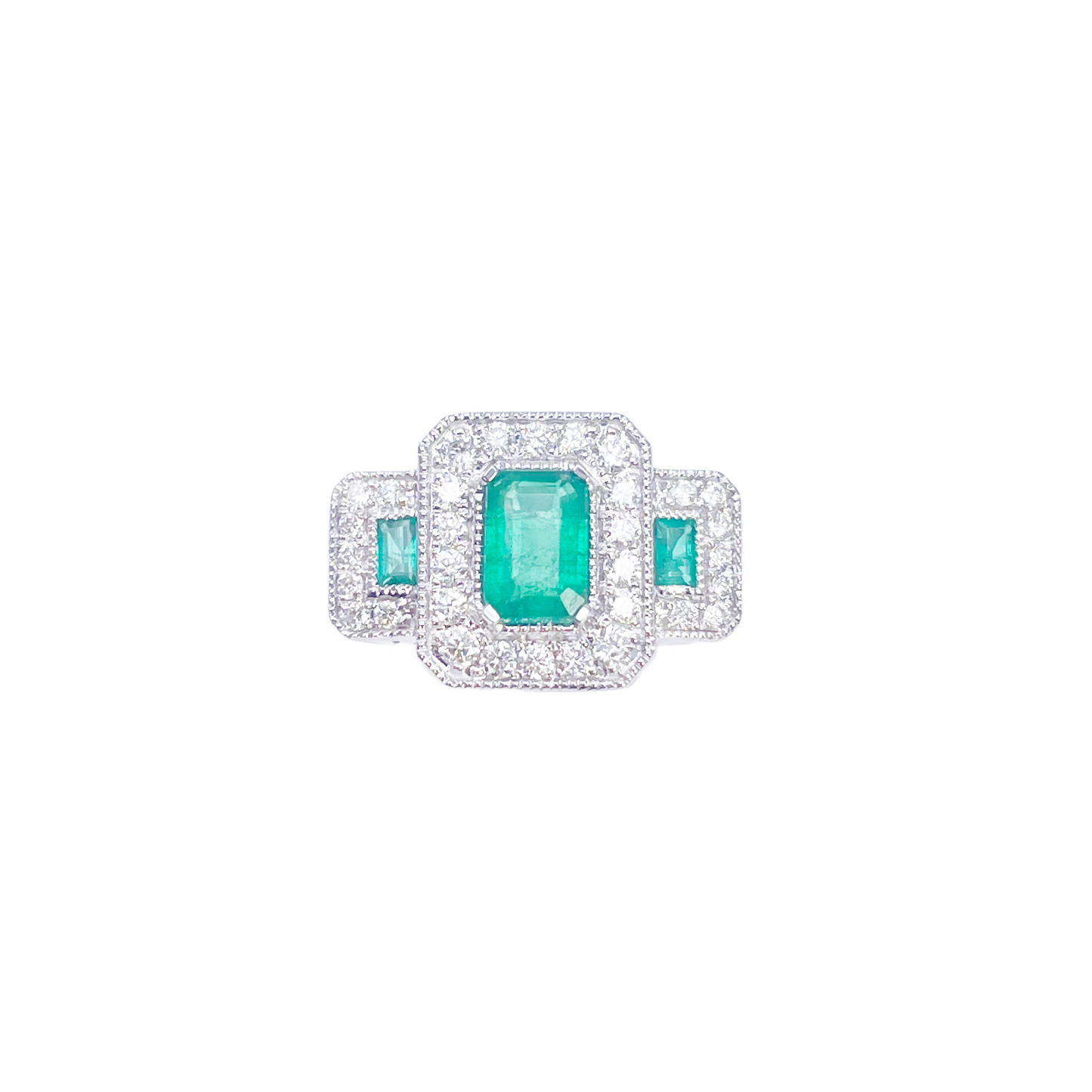 Bague en or 18 carats avec halo de diamants naturels émeraude, taille ronde et émeraude 0,95 ct