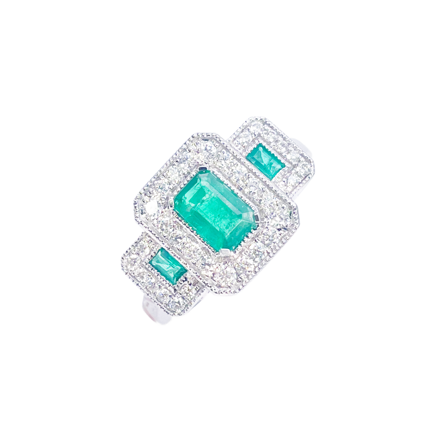 Bague en or 18 carats avec halo de diamants naturels émeraude, taille ronde et émeraude 0,95 ct