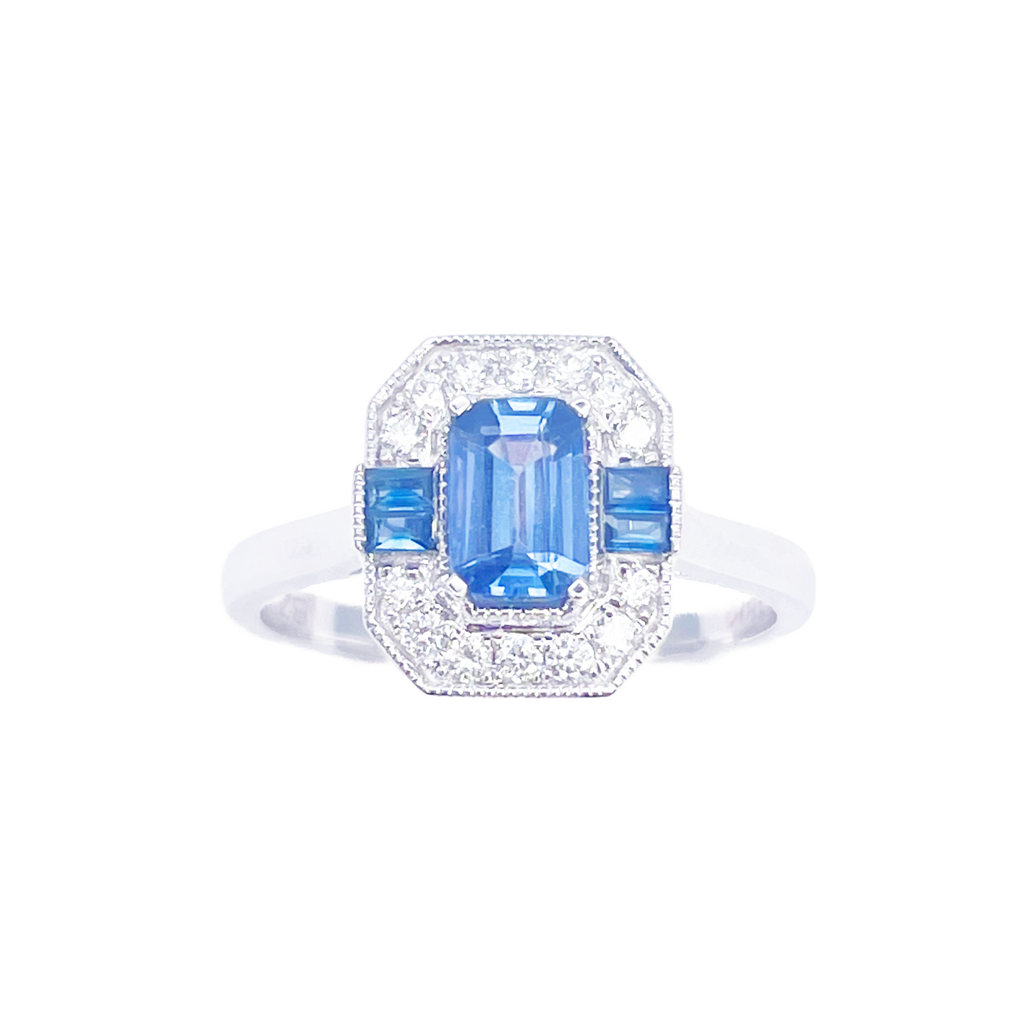 18 Karat Gold Saphir-Diamant-Halo-Ring, rund & Smaragd-Schliff, 1.00 Karat