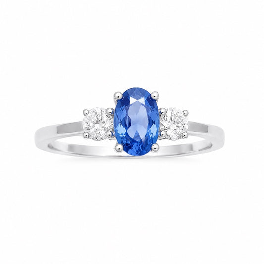 18 Karat Gold Saphir Diamant Ring Drei-Steine Rund & Oval Schliff 0.65 Karat