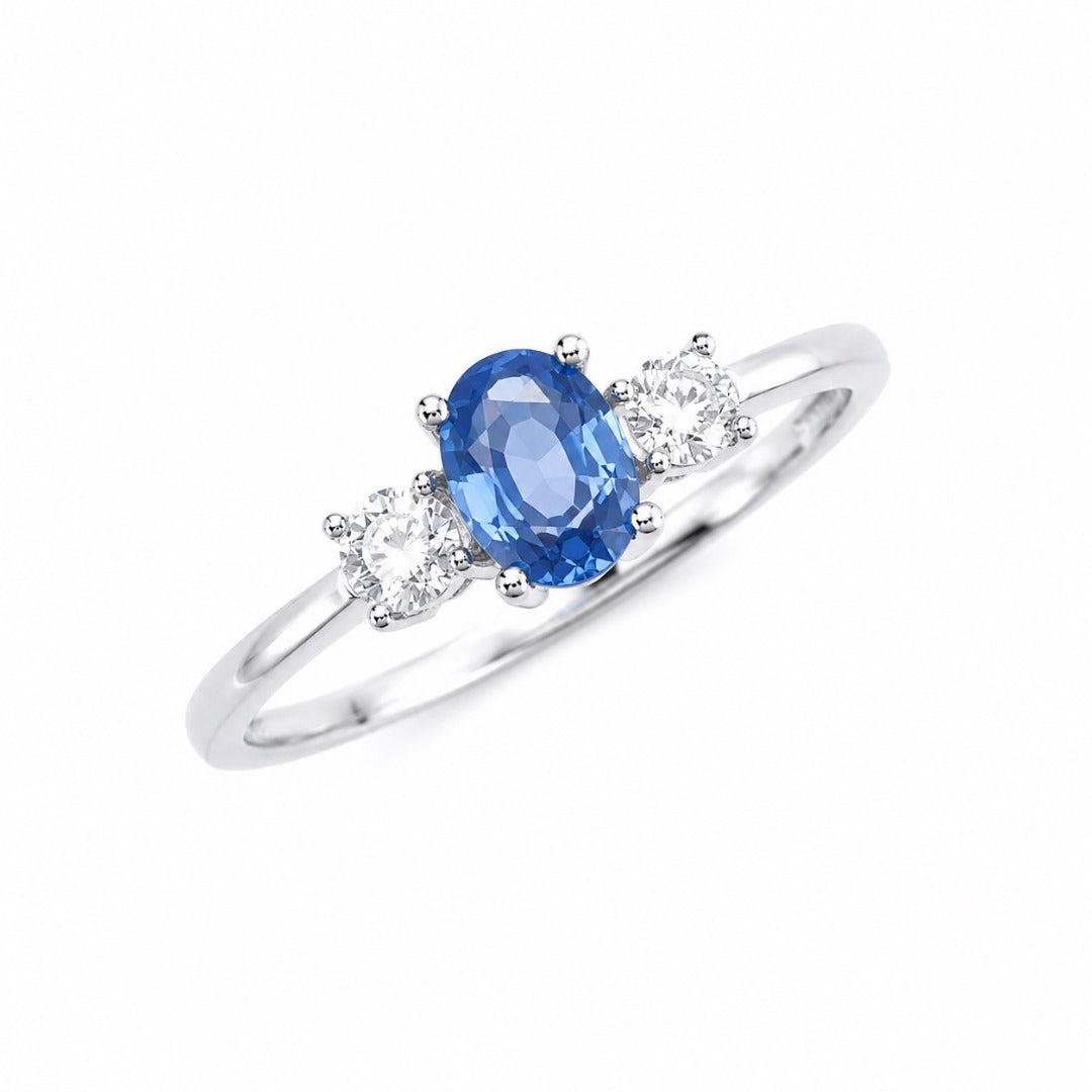 18 Karat Gold Saphir Diamant Ring Drei-Steine Rund & Oval Schliff 0.65 Karat