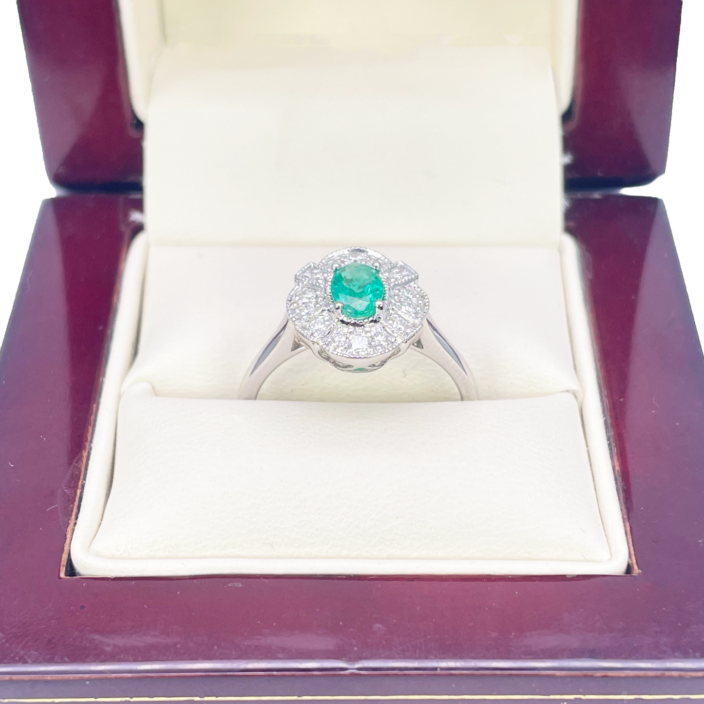 Bague auréole en or 18 carats avec diamants et émeraudes naturelles, taille ronde et ovale, 0,65 carat