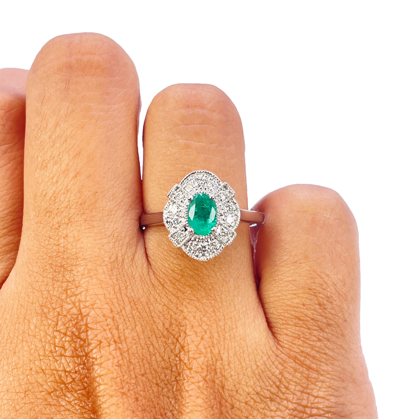 Bague auréole en or 18 carats avec diamants et émeraudes naturelles, taille ronde et ovale, 0,65 carat