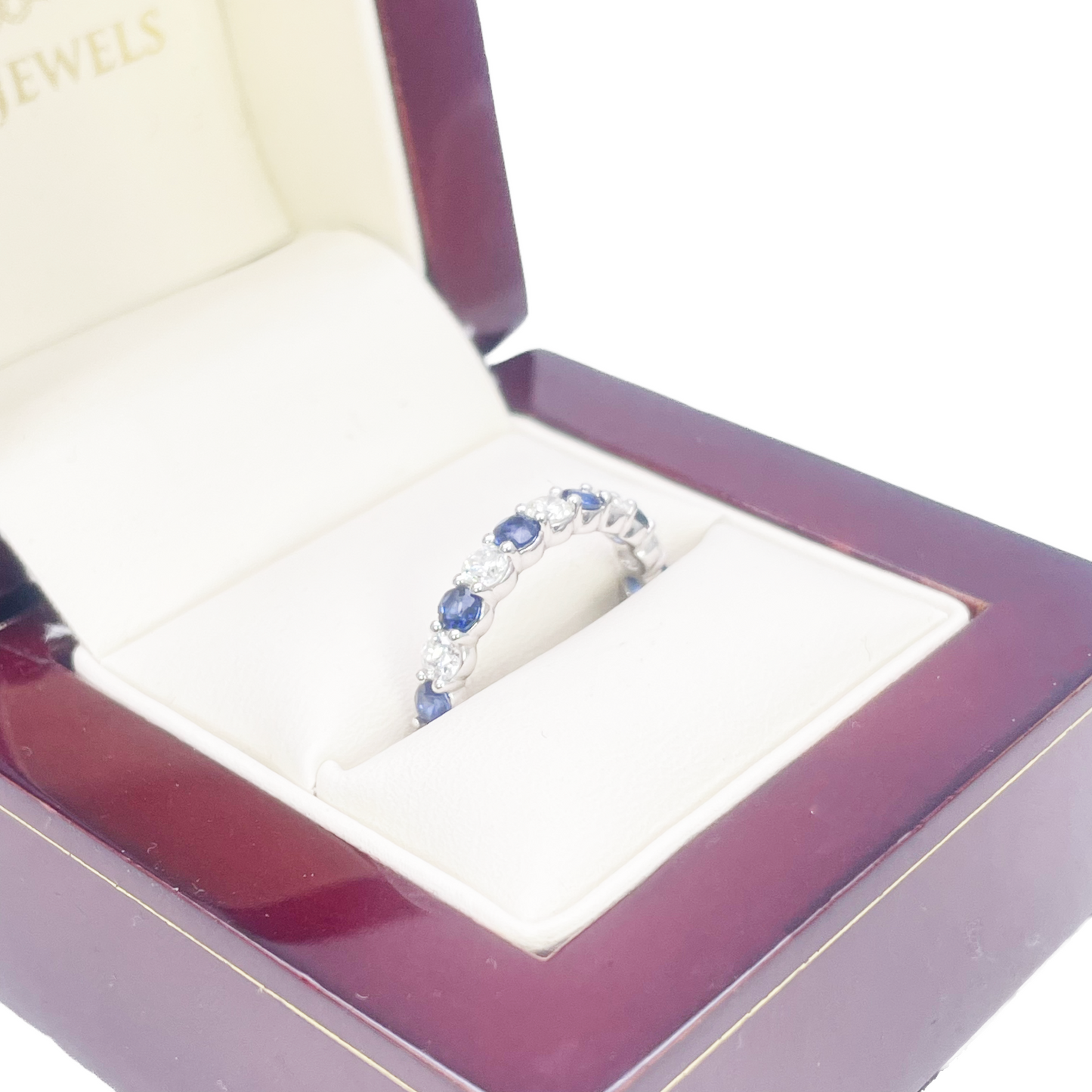 Bague mi-éternité empilable en or 18 carats avec diamants ronds naturels et saphirs 1,20 carats