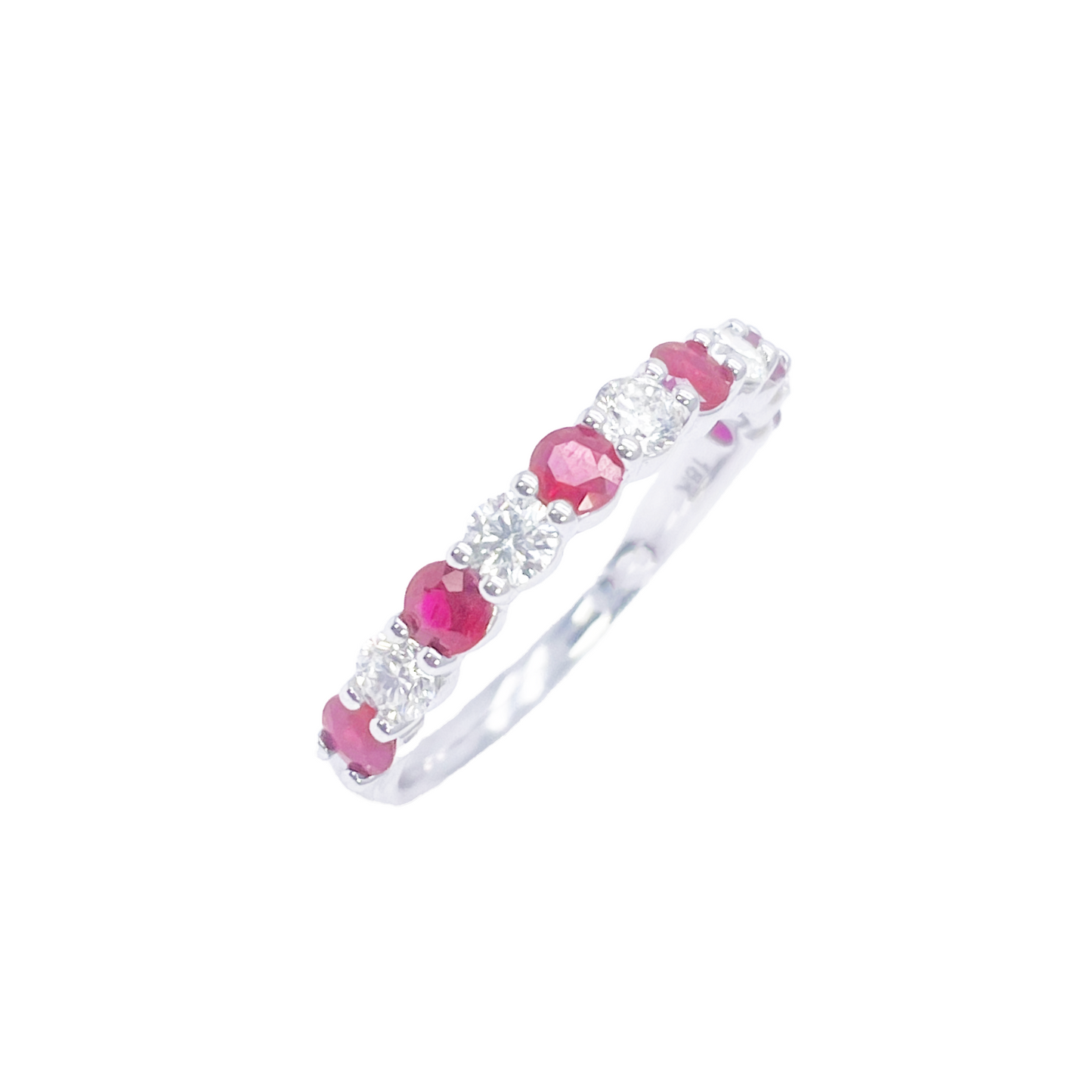 Bague empilable demi-éternité en or 18 carats avec diamants ronds naturels et rubis, 1,05 carat