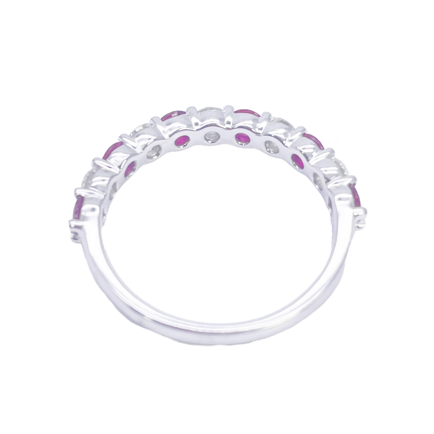 Bague empilable demi-éternité en or 18 carats avec diamants ronds naturels et rubis, 1,05 carat
