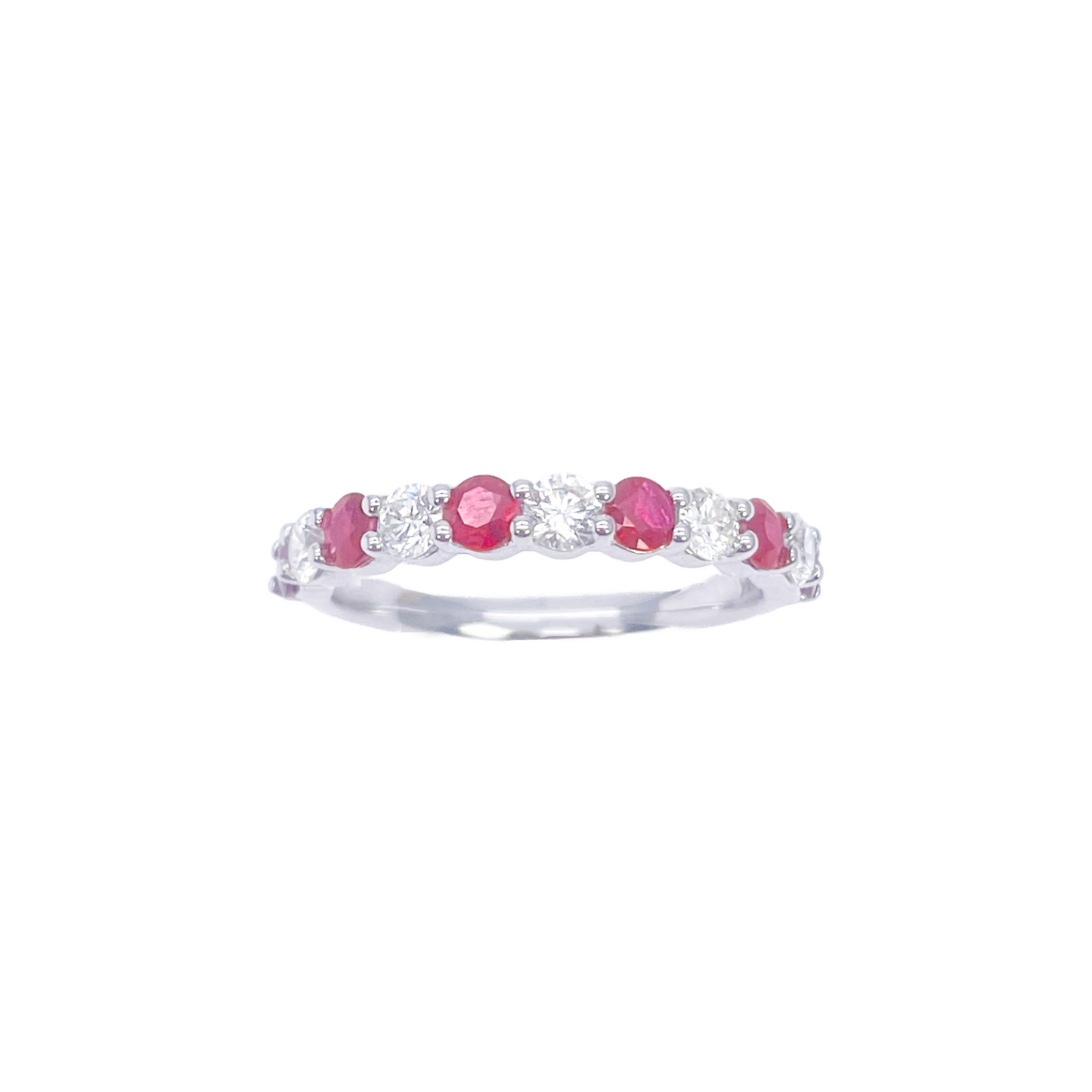 Bague empilable demi-éternité en or 18 carats avec diamants ronds naturels et rubis, 1,05 carat