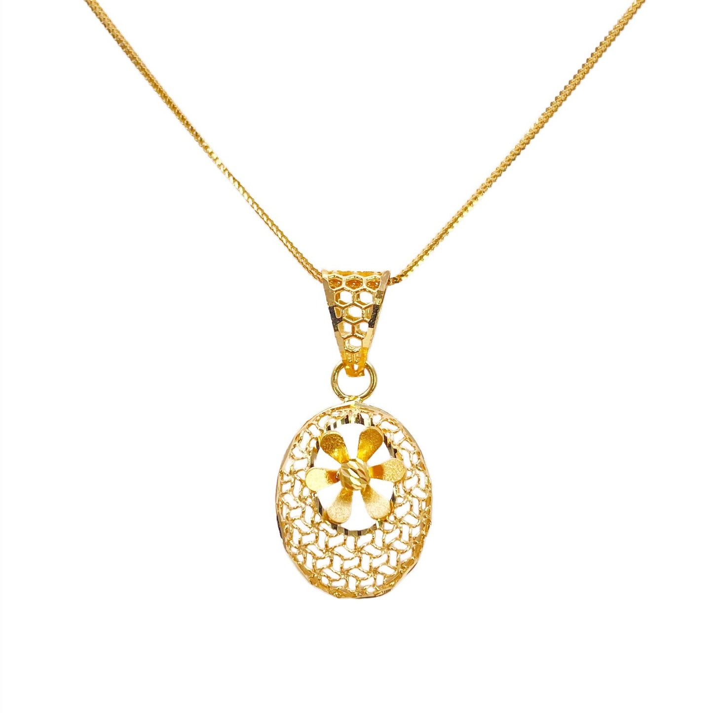 22ct Yellow Gold Honeycomb Mesh Oval Floral Daisy Centre Pendant High Polish