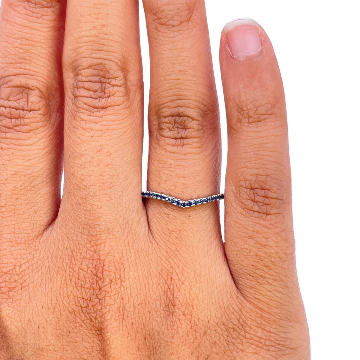 14ct White Gold Natural Sapphire Wishbone Ring Pave 0.17ct