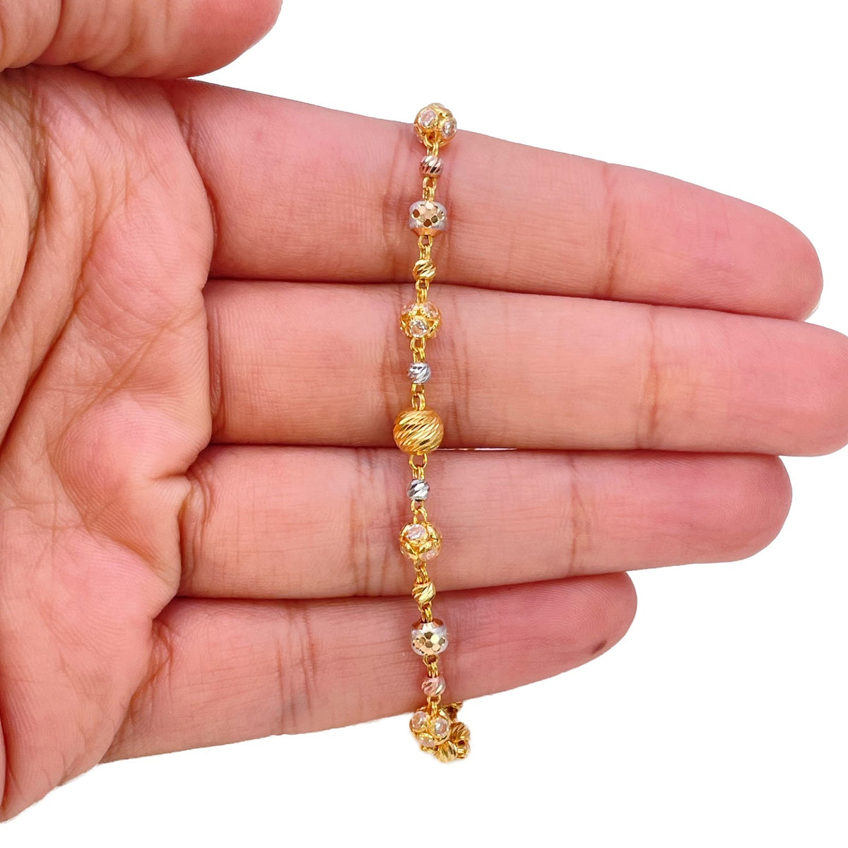 22ct Gold Tri Colour Spherical Diamond Cut Bead Bracelet