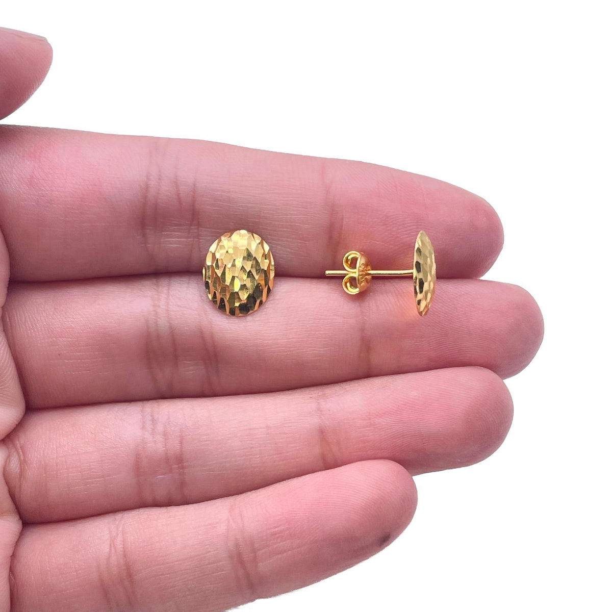 22ct Yellow Gold Diamond Cut Oval Stud Earrings Textured Dome