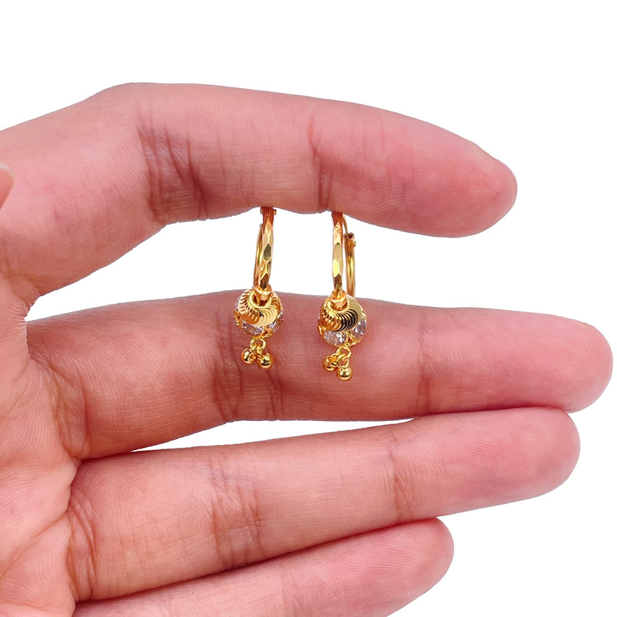 22ct Yellow Gold Cubic Zirconia Hoop Earrings Diamond Cut Double Drop
