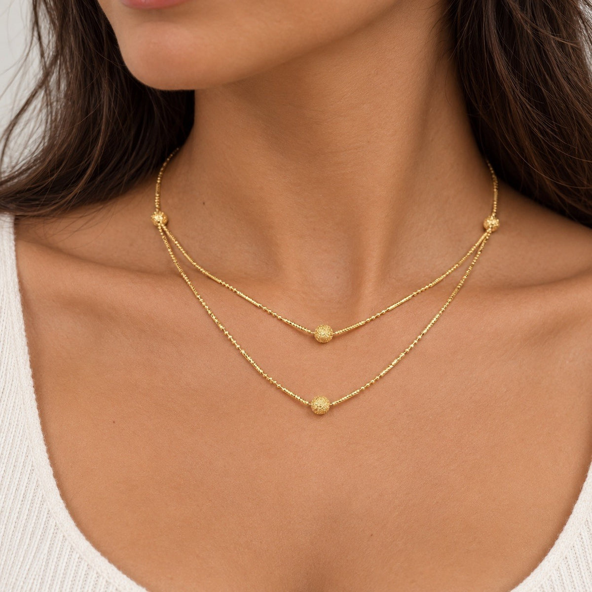 22ct Yellow Gold Double Row Layered Necklace Diamond Cut Textured Bead Design