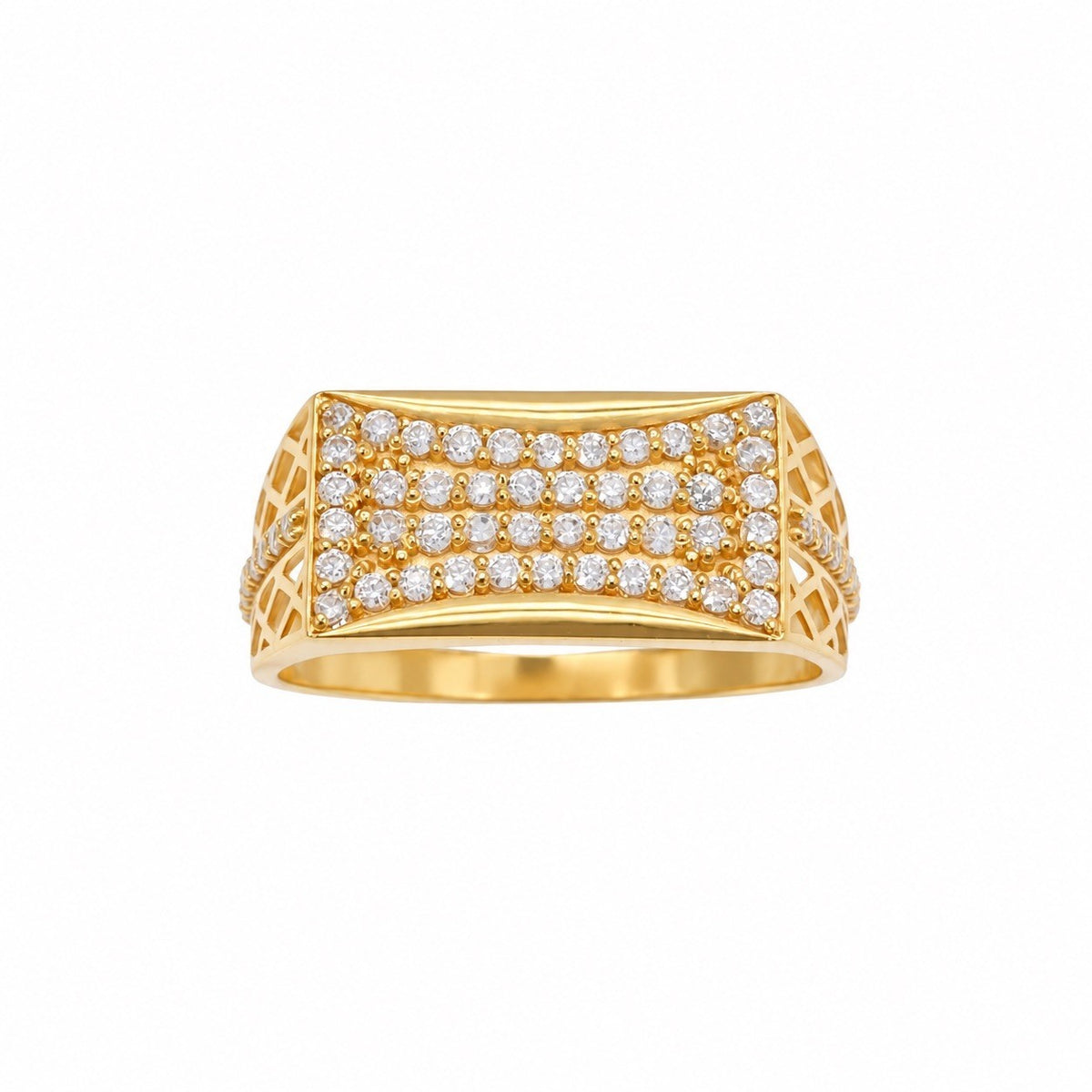 22ct Yellow Gold Cubic Zirconia Signet Ring Cluster Set Lattice Shoulders