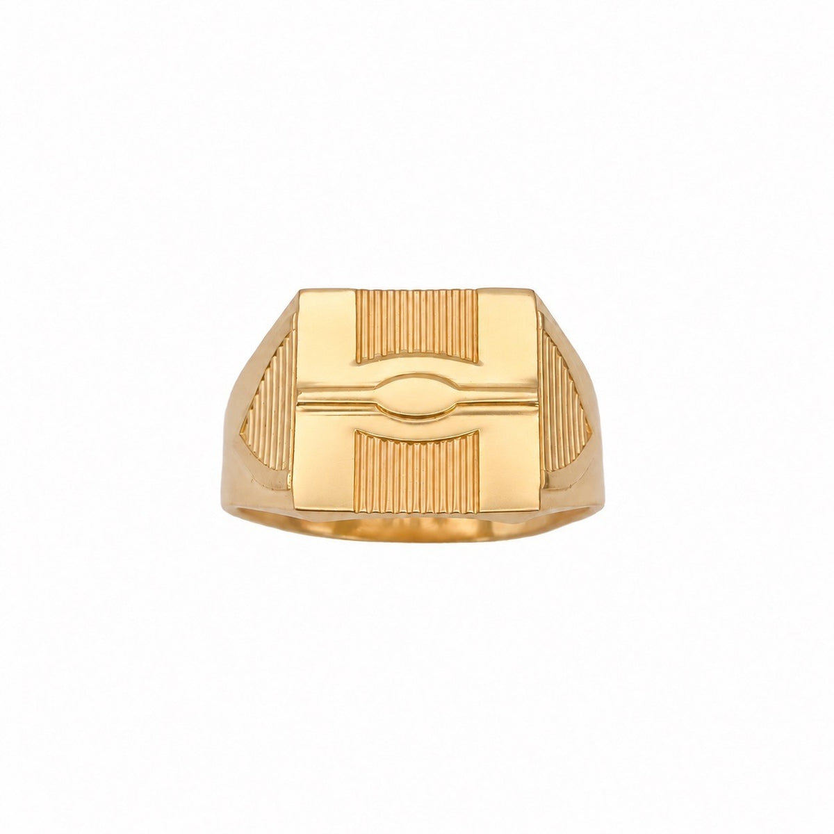 22ct Yellow Gold Geometric Signet Ring Ribbed Fluted Design