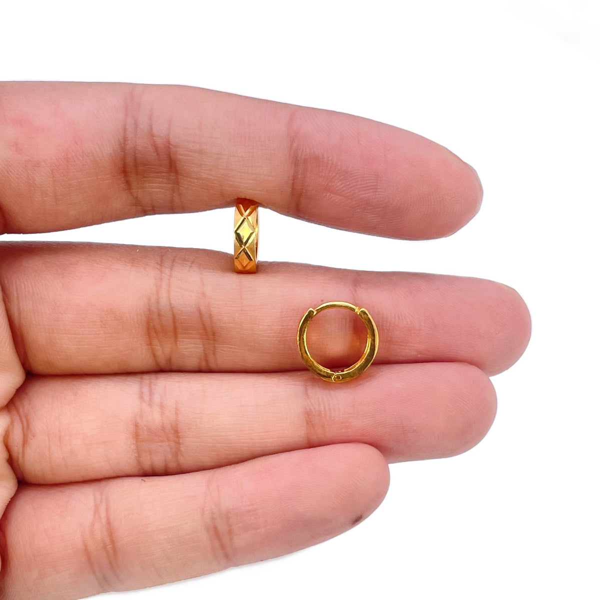 22ct Yellow Gold Patterned Huggie Hoop Earrings 8mm Kids & Adults