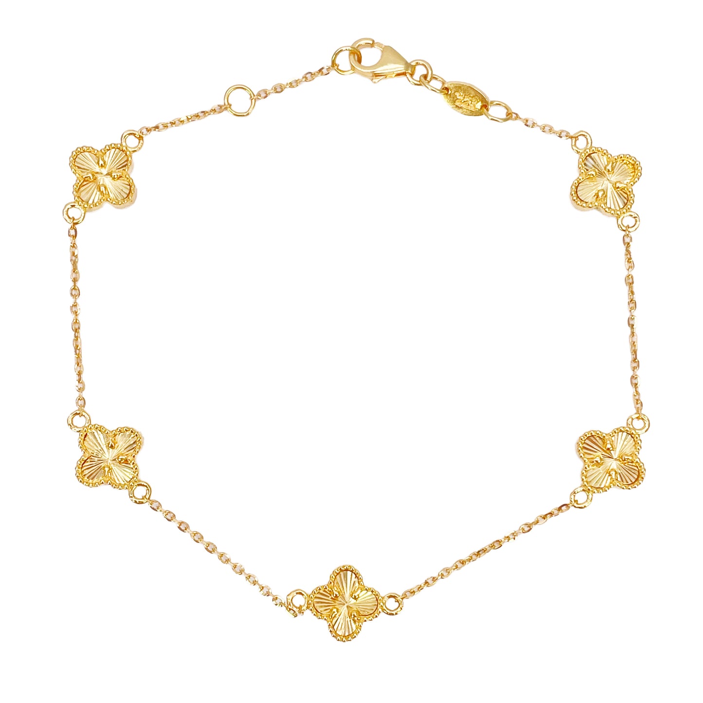 Bracelet 7,5 pouces en or jaune 22 carats avec 5 trèfles floraux taillés en diamant
