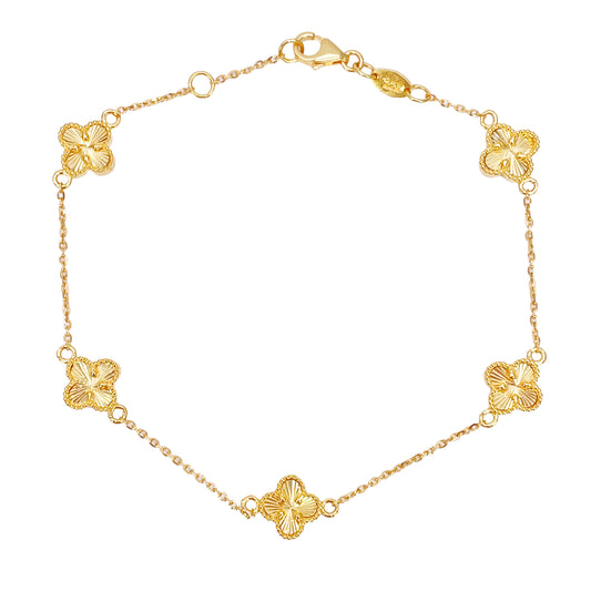 Bracelet 7,5 pouces en or jaune 22 carats avec 5 trèfles floraux taillés en diamant