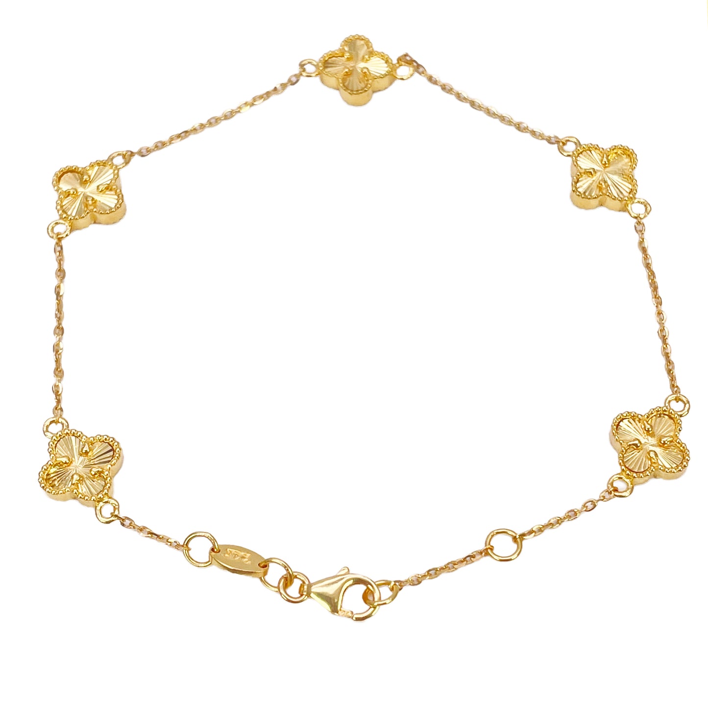 Bracelet 7,5 pouces en or jaune 22 carats avec 5 trèfles floraux taillés en diamant