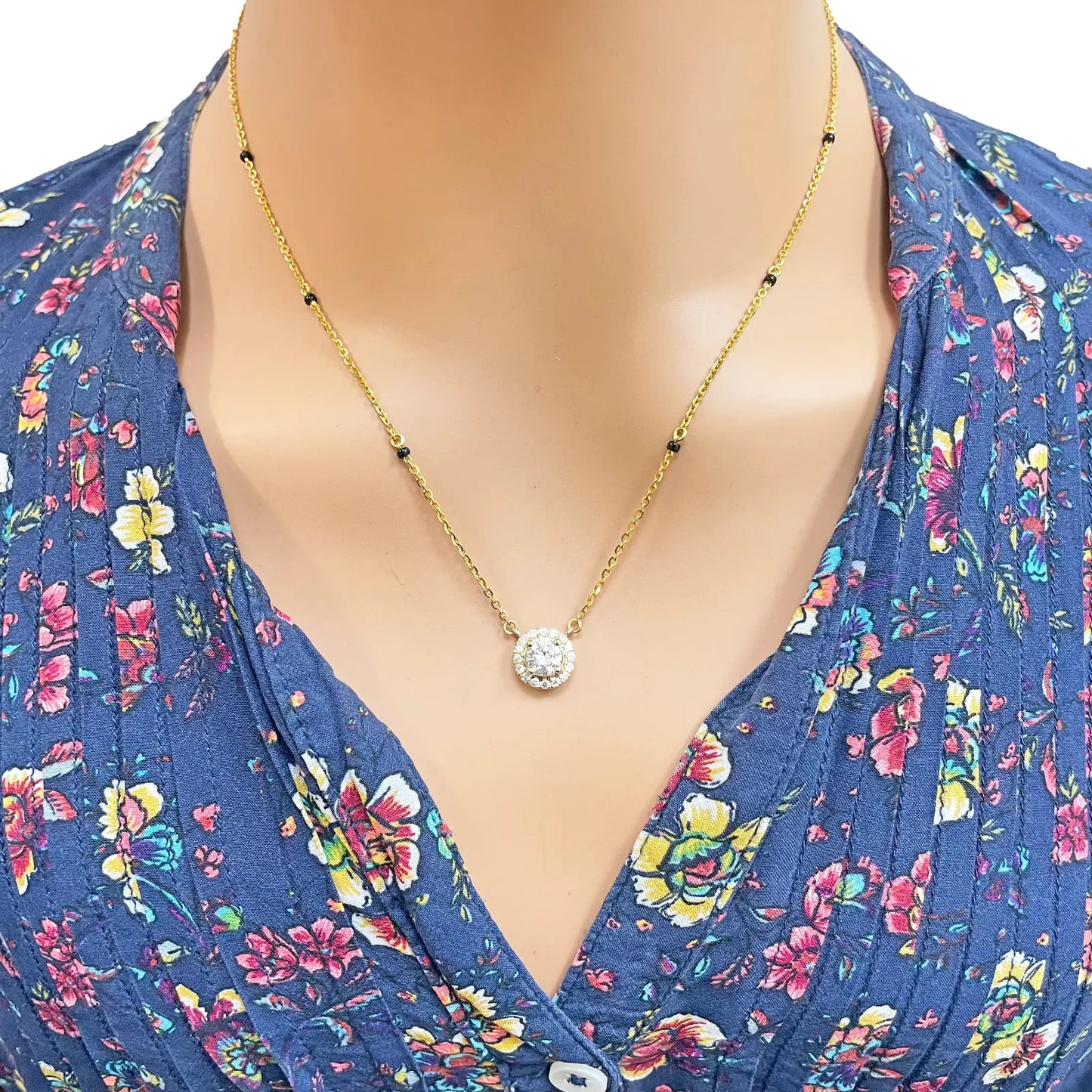 Yellow Gold Mangalsutra Necklace Lab-Created Diamond Halo Pendant 0.70ct  Mangalsutra Chains
