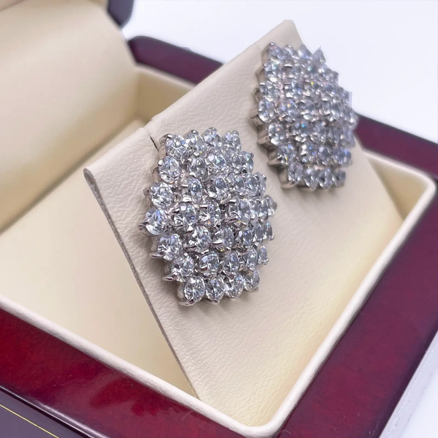 9ct White Gold Cubic Zirconia Hexagonal Cluster Earrings Hallmarked 20mm Wide 