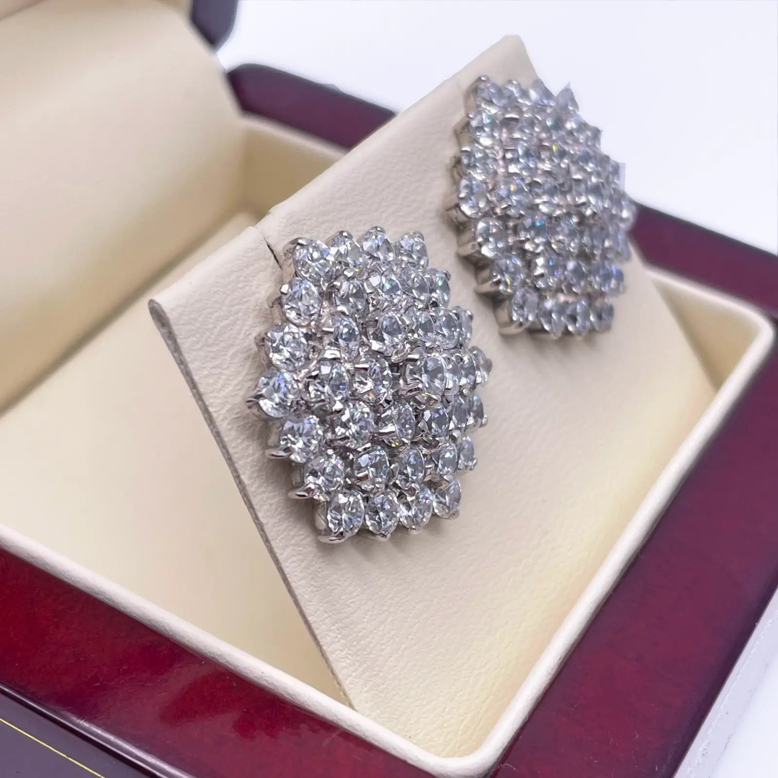 9ct White Gold Cubic Zirconia Hexagonal Cluster Earrings Hallmarked 20mm Wide 